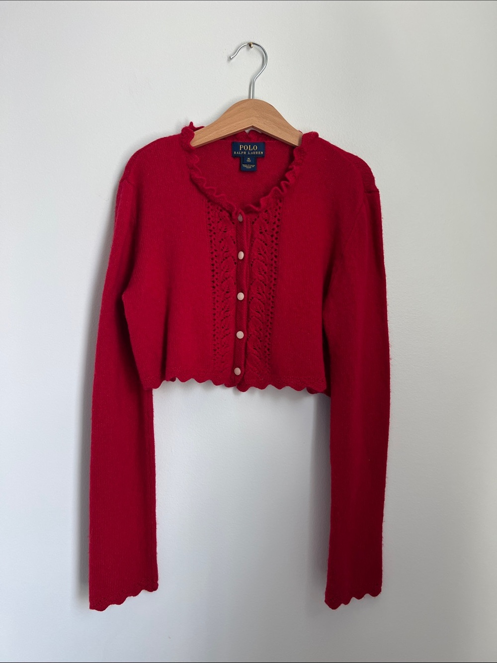 Polo by Ralph Lauren | Bright Red Cropped Cardigan with Scalloped Edges Sz XL